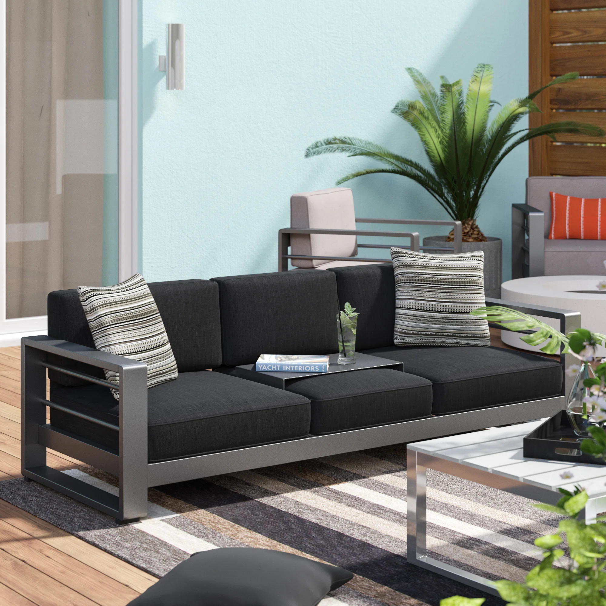 Caggiano 76.25'' Wide Straight Aluminum Patio Sofa with Cushions | Wayfair North America