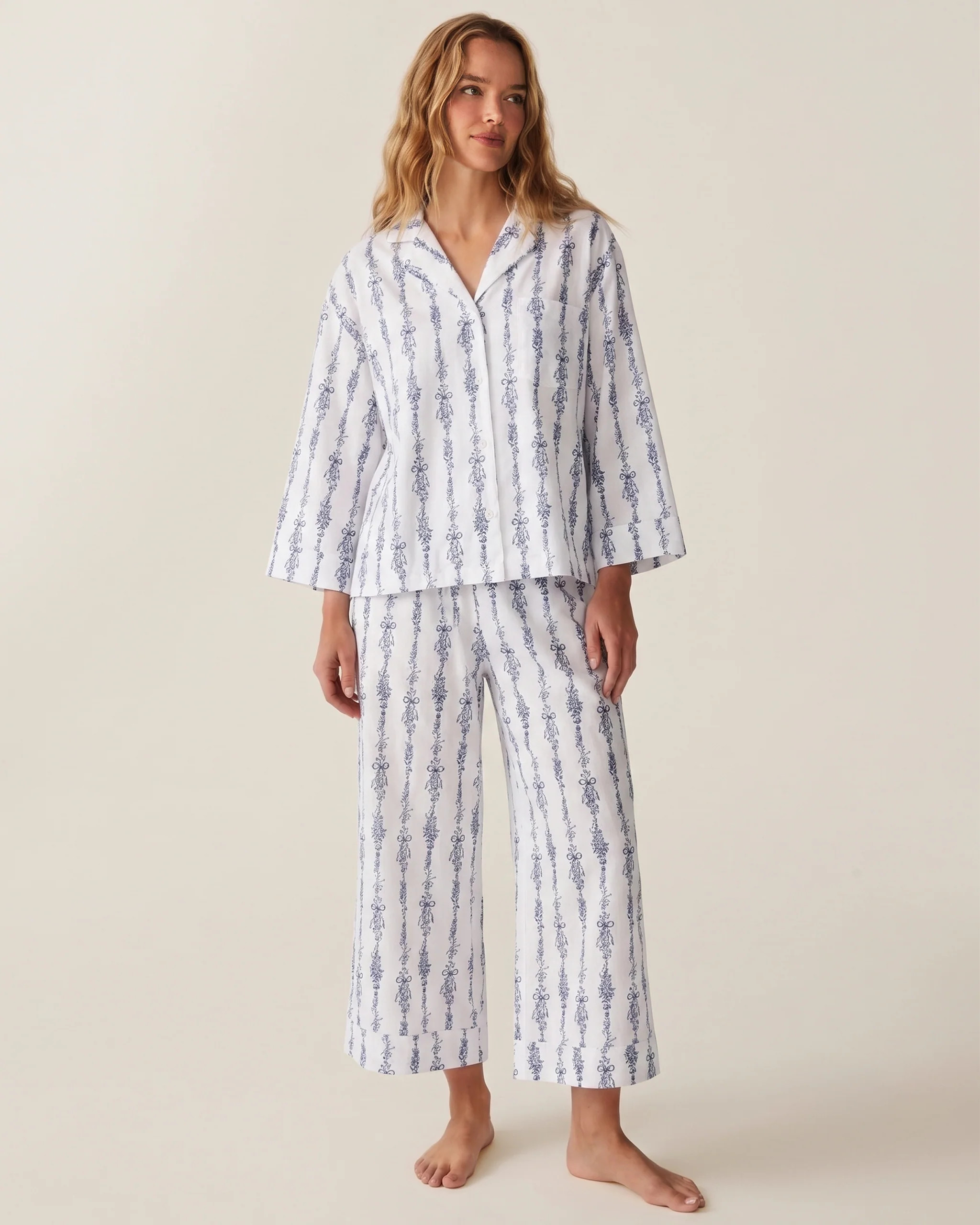 The Olivia Wide Leg Pima Pajama Set in Navy Mayfair Toile | Petite Plume