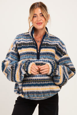 Blue Printed Fleece Oversized Half Zip Maternity Pullover - Small/Medium | PinkBlush Maternity