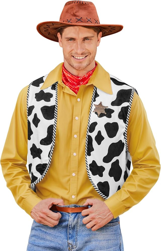 Arvilhill Men's Cow Print Vest 3 Pcs Halloween Adult Cowboy Woody Costume Outfit Vest Scarf Badge... | Amazon (US)