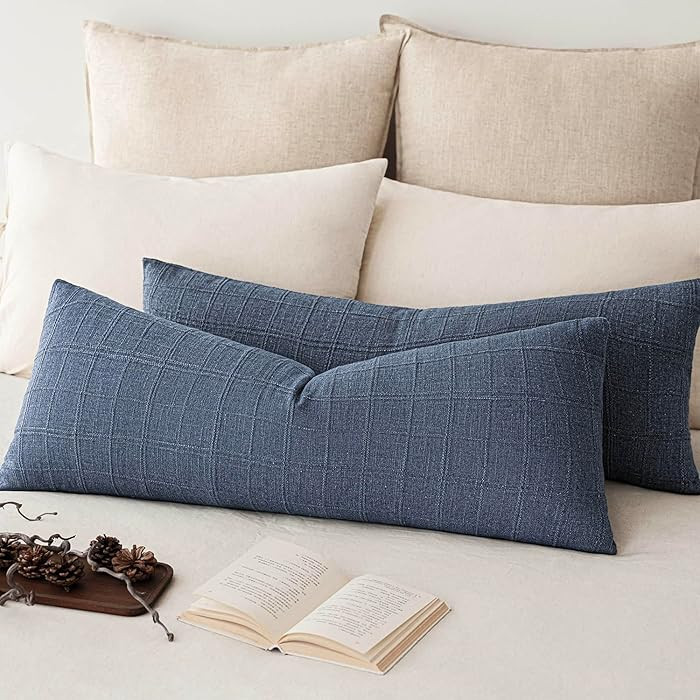 Foindtower Set of 2 Decorative Linen Check Throw Pillow Covers Neutral Long Body Lumbar Cushion C... | Amazon (US)