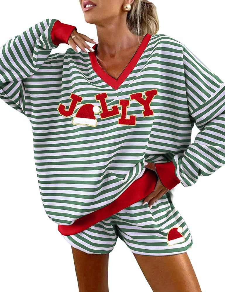 LUKYCILD Women Striped Christmas Sets V Neck Lounge Short Set Matching Sweatsuit with Pockets Cas... | Amazon (US)