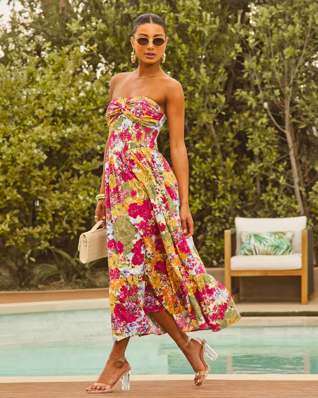 Lynelle Strapless Floral Smocked Midi Dress | VICI