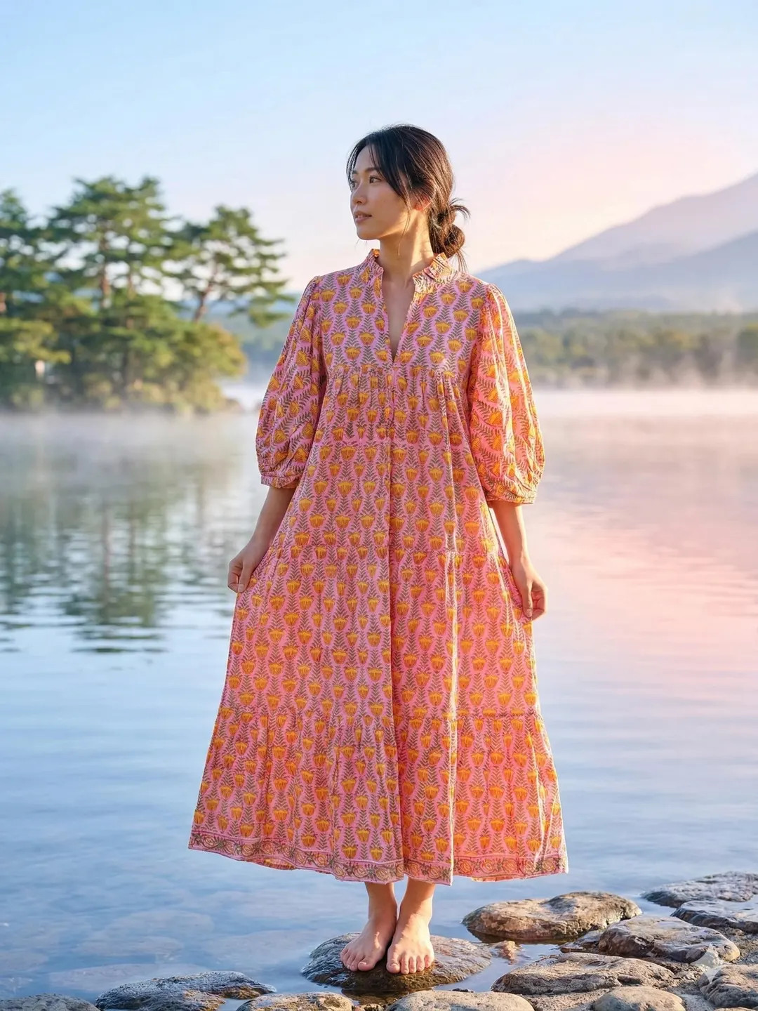 Pink Floral Hand Block Print Cotton Maxi Dress \u2013 Boho Puff Sleeve Tiered Summer Dress - Etsy | Etsy (Global)