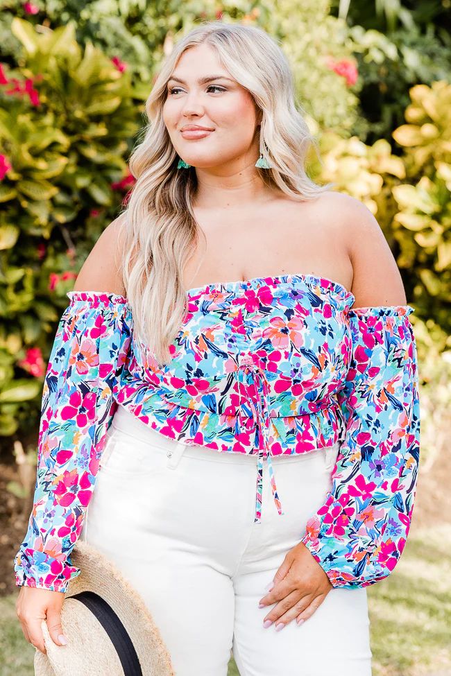 Sonic Blooms Multi Floral Off The Shoulder Long Sleeve Blouse | Pink Lily
