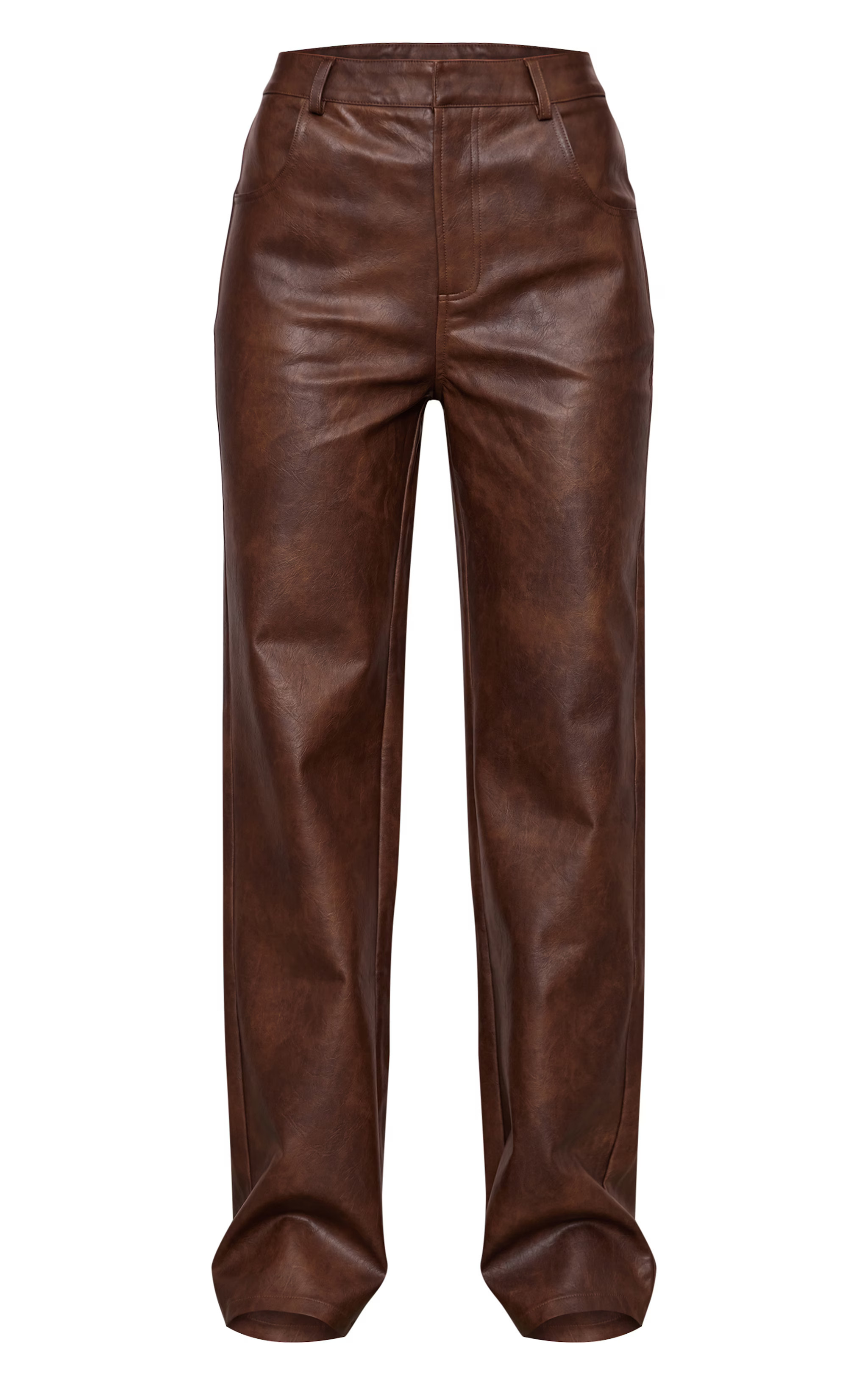 Chocolate Washed Faux Leather Straight Leg Trousers | PrettyLittleThing UK