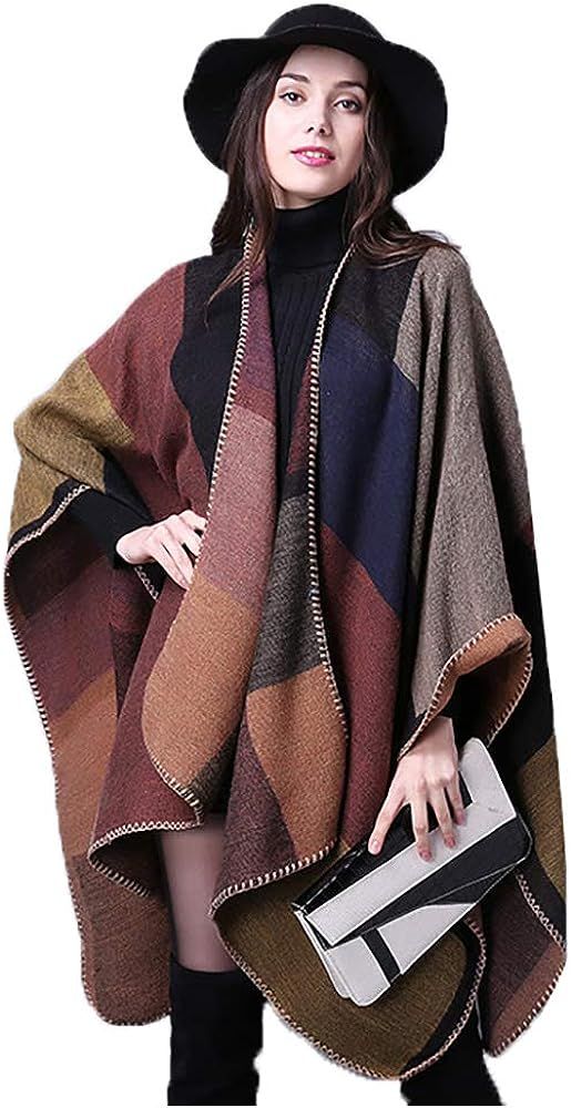 Epsion Women's Color Block Shawl Wrap Plus Size Cardigan Poncho Cape Open Front Long Winter Sweater  | Amazon (US)