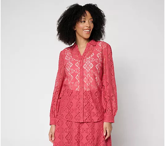 BEAUTIFUL by Lawrence Zarian Lace Split Neck Button Front Blouse - QVC.com | QVC