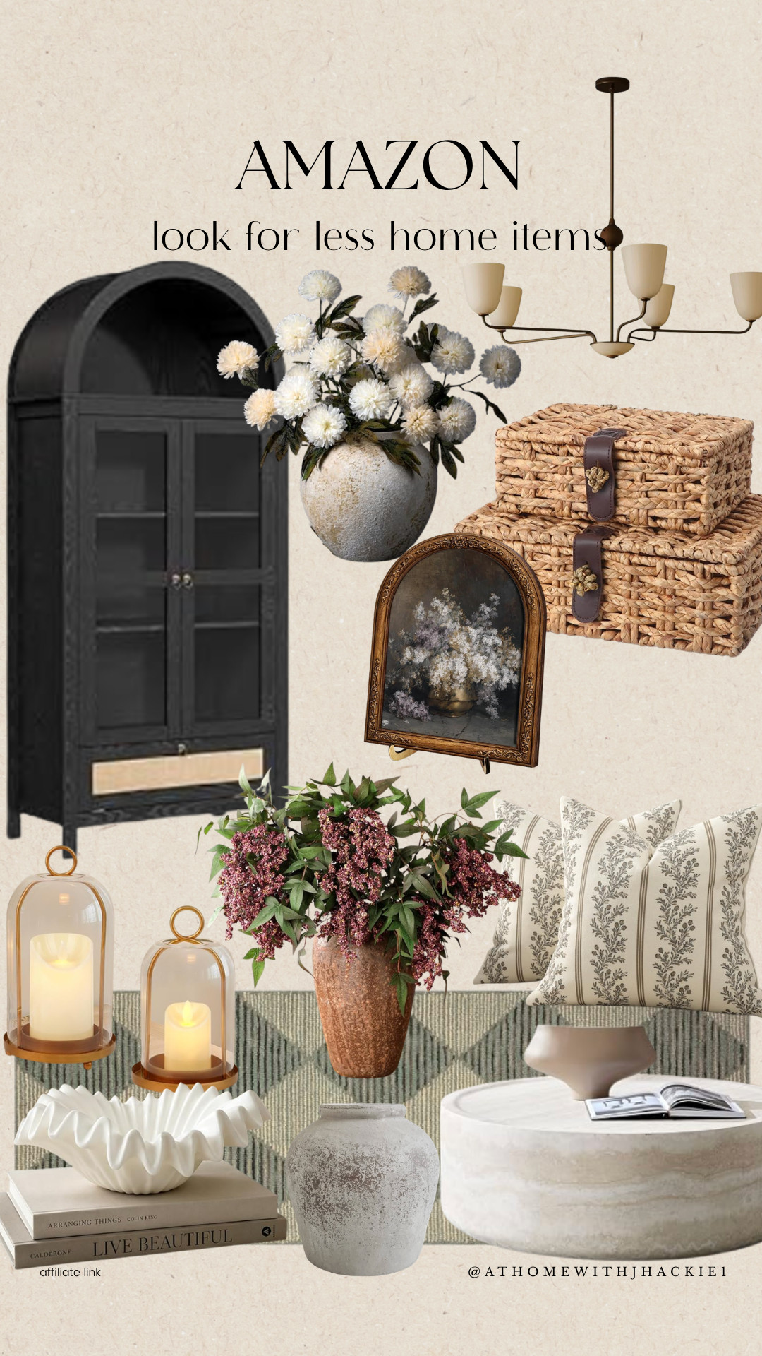 Amazon Look for Less Home Items
Amazon look for less, Amazon home finds, affordable home decor, designer dupes, arched cabinet, woven storage boxes, chandelier lighting, floral wall art, faux florals, decorative vase, lantern candles, coffee table decor, throw pillows, neutral pillows, textured rug, modern coffee table, shelf styling, organic modern decor, vintage inspired decor, cozy home aesthetic, affordable lighting, home styling ideas, living room decor

#LTKHome