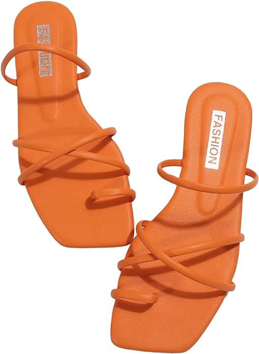 GORGLITTER Orange Sandals Women Thong Sandals PU Leather Cross Strap Flat Sandals | Amazon (US)