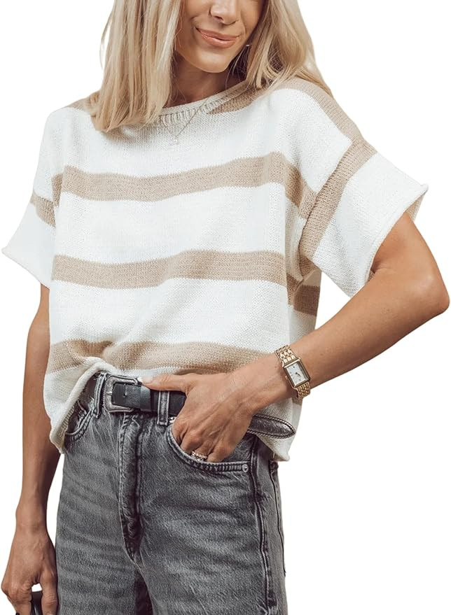 Yeokou Women Summer Striped Knit Pullover Crewneck Short Sleeve Casual Lightweight Sweater Tops R... | Amazon (US)