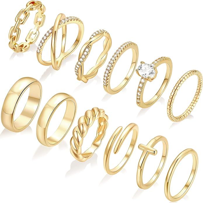 FAXHION 12 PCS Dainty 14K Gold Rings for Women Teen Girls, Open Chunky Twist Simulated Diamond Cr... | Amazon (US)