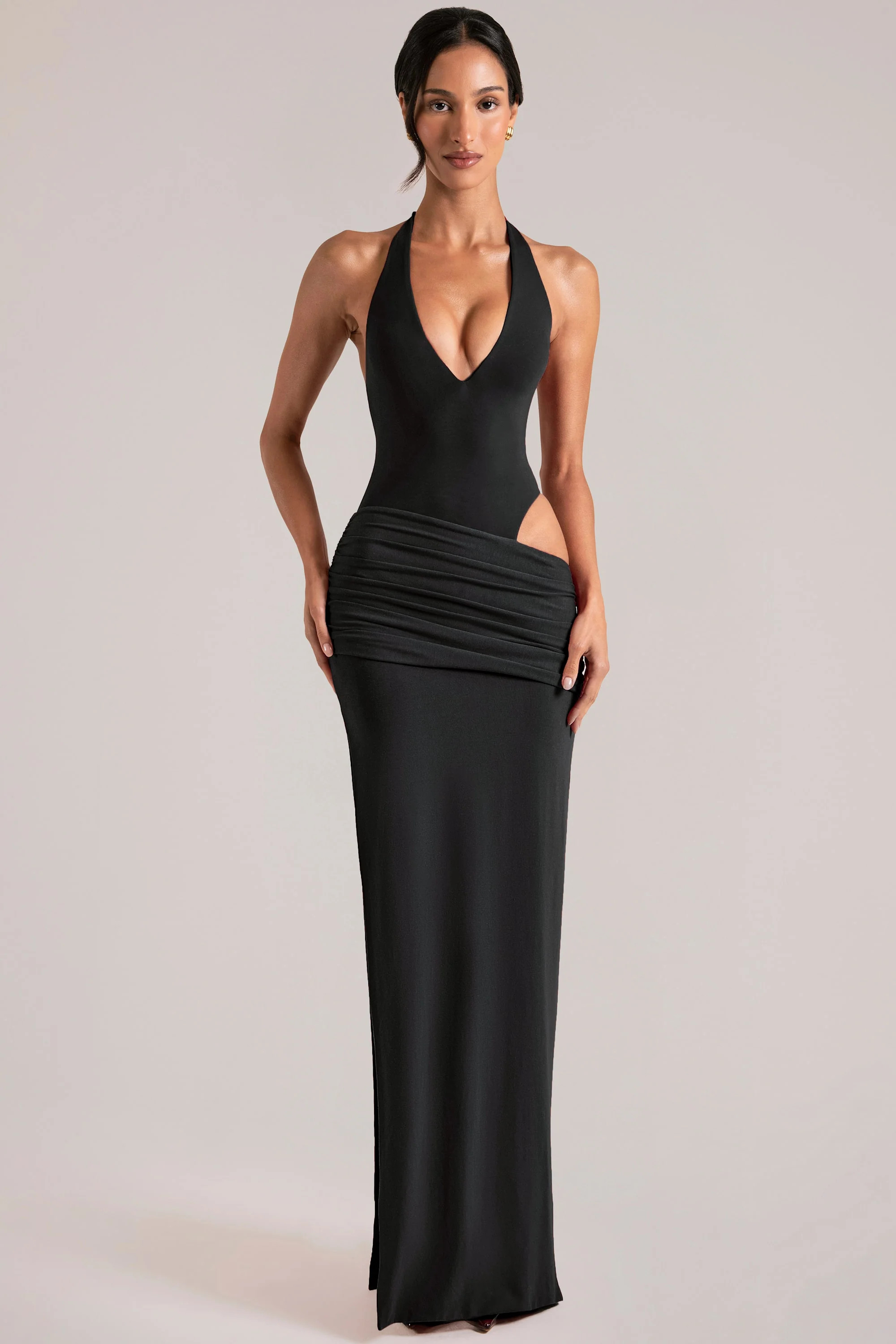 Oona Deep Plunge Halterneck Maxi Dress in Black | Oh Polly | Oh Polly