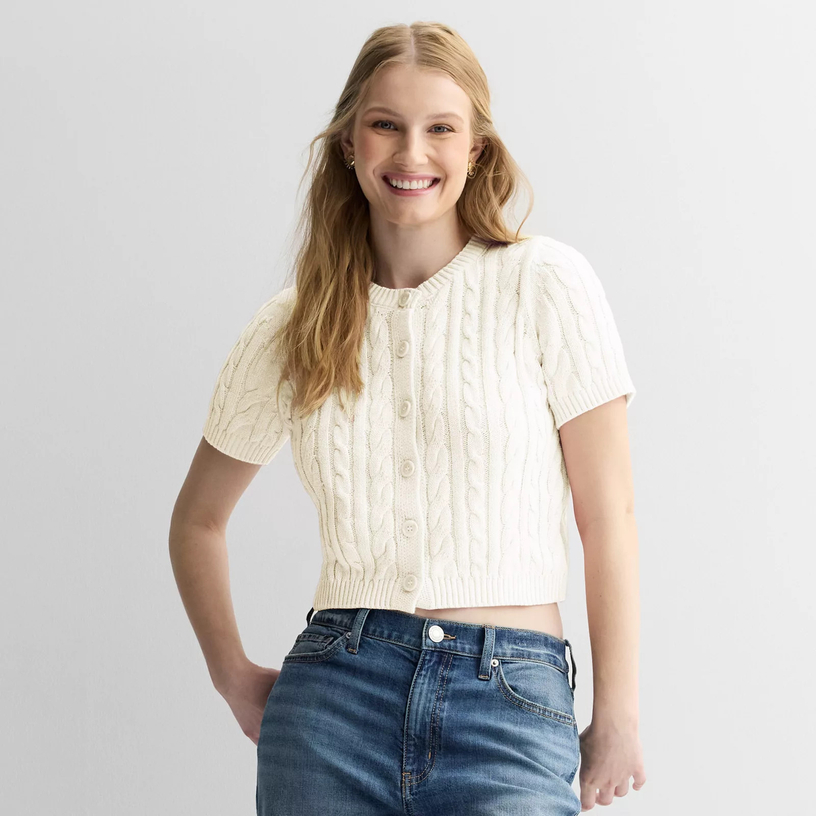 Juniors' Pink Rose Short Sleeve Crewneck Button Front Sweater | Kohl's