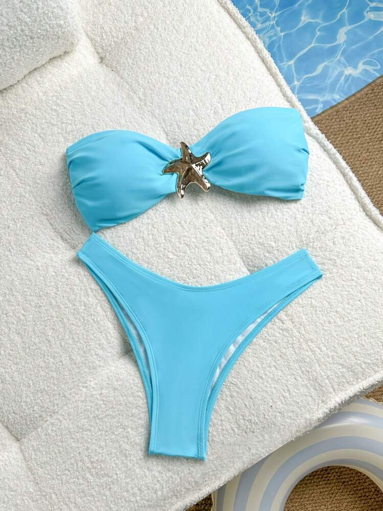 SHEIN Swim Vcay 2pcs Women Casual Bandeau Star Embellished Tied Bikini Set Swimwear, Summer Beach... | SHEIN