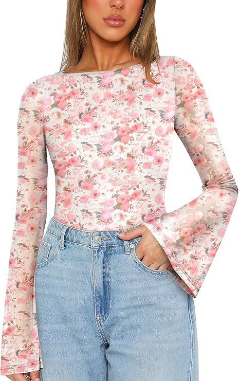 Prinbara Womens Bell Long Sleeve Tops Mesh Floral Boat Neck Double Lined Sheer Night Out Date Ski... | Amazon (US)