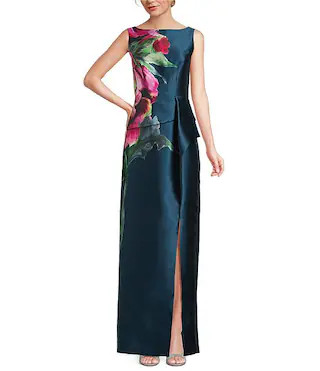 Kay Unger Eden Boat Neck Sleeveless Floral Placement Print Ruffle Peplum Mikado Column Gown | Dil... | Dillard's