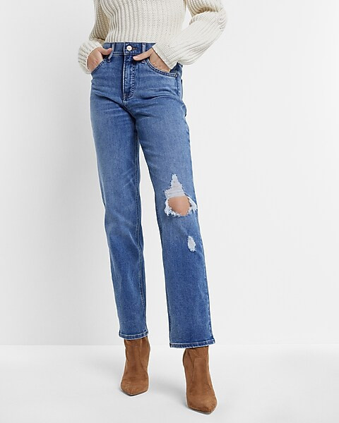 High Waisted Medium Wash Ripped Modern Straight Jeans | Express
