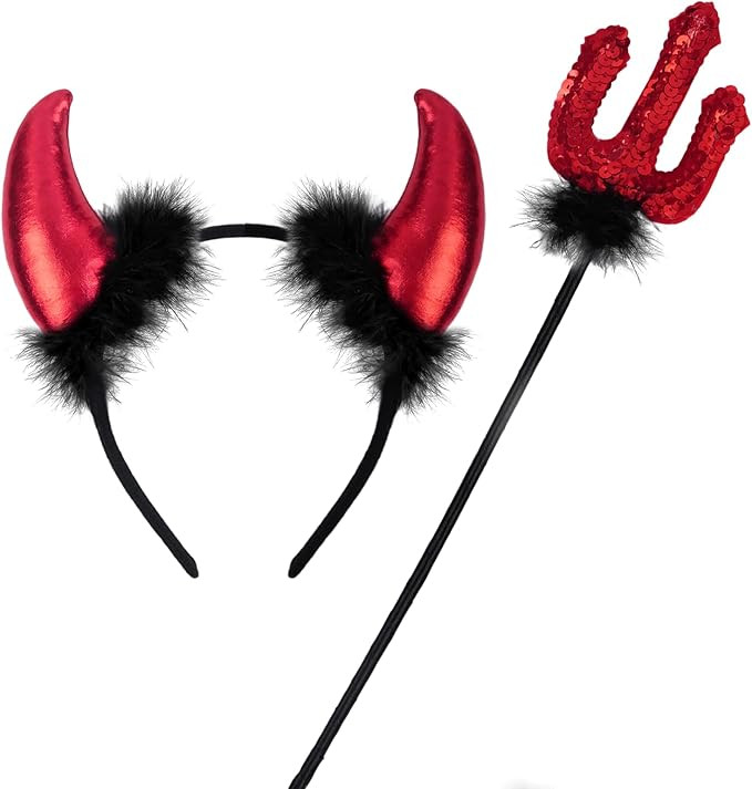 ROSAUI Devil Horns Halloween Headband and Sequin Devil Pitchfork Trident Wand Sets - Classic Red ... | Amazon (US)