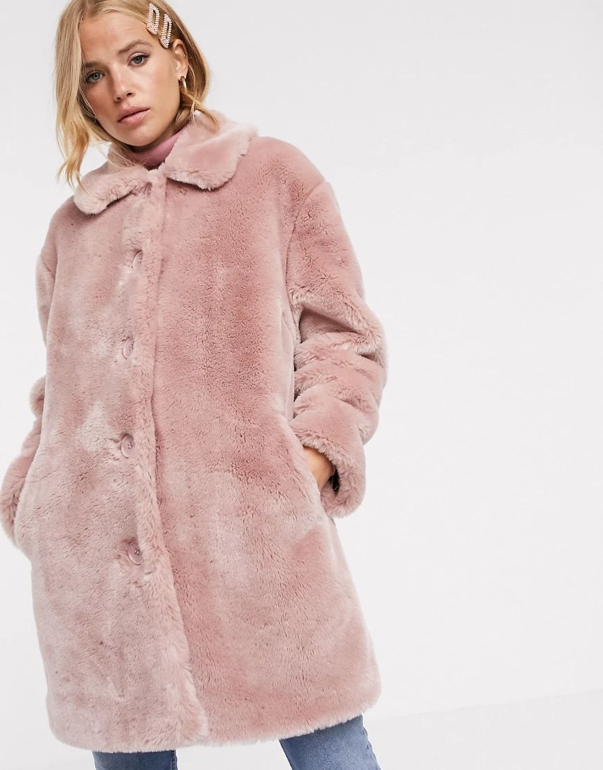 ASOS DESIGN faux fur button through coat in pink | ASOS (Global)