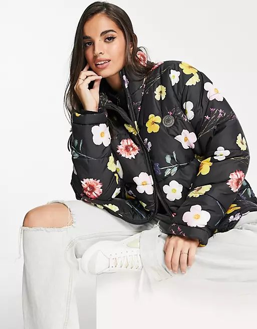 Daisy Street high neck puffer jacket in black floral | ASOS (Global)