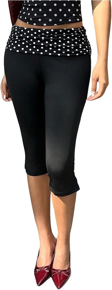 WDIRARA Women's Polka Dots Capri Pants Skinny Knee Length Fold Over Shorts Leggings | Amazon (US)