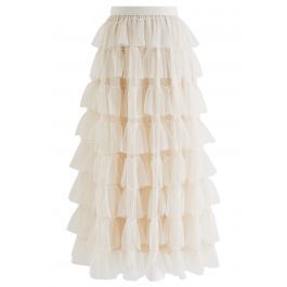 Ruffle Tiered Tulle Mesh Maxi Skirt in Cream | Chicwish