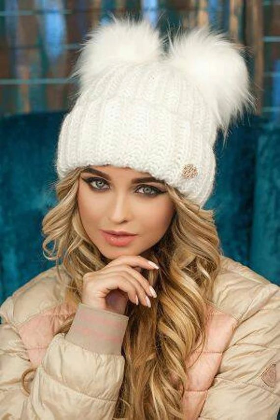 Cute  WHITE Beanie Two white pom poms hat Women knit beanie Warm pompom  hat for Girl Teenager Wo... | Etsy (US)