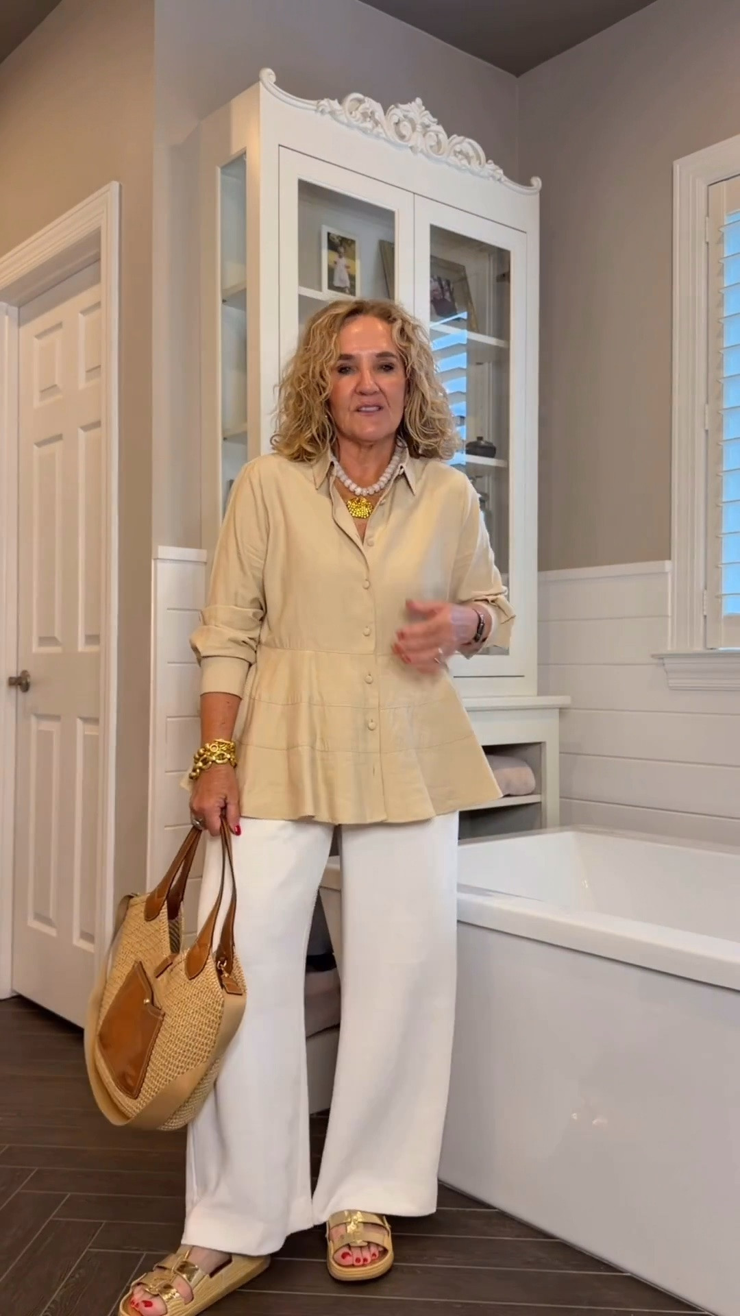 This elegant blouse instantly elevates any outfit! I love it paired with these wrinkle-resistant wide leg pants for a polished look that’s perfect for work, travel, dinner, or everyday wear. I’m wearing a medium in the top and a medium regular in the pants (I had them hemmed). A few of my Julie Vos pieces are from the sample sale, and my woven tote is 10% off with code NANETTE.

💡 LTK MADE EASY

❤️ Heart = Support my posts
🔖 Save = Get sale & restock alerts
📋 Lists = Keep favorites organized
📲 Share = Send to yourself for later
💬 Comment = Ask me anything

#LTKootd #LTKSeasonal #LTKOver40