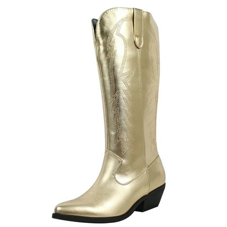 Soda Women s Faux Leather Stitching Cowboy Knee High Boots Gold 6 M US | Walmart (US)