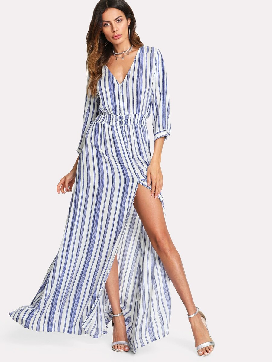 Buttoned Up Smocked Waist Striped Dress | SHEIN