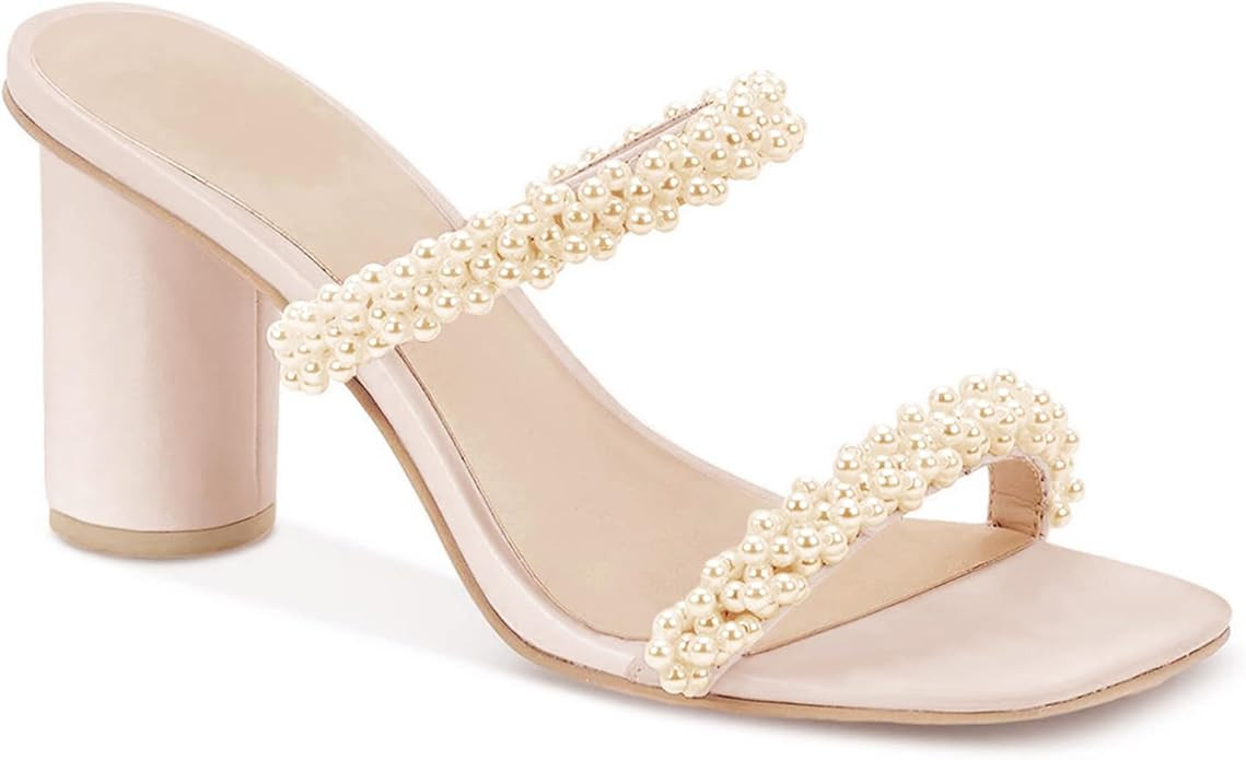 Womens Chunky Heeled Sandals Pearl Strappy Open Square Toe Slip-on Block Heels Backless Mules Sho... | Amazon (US)
