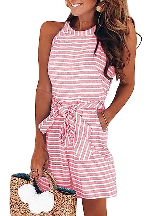 Dokotoo Womens Striped Sleeveless Waist Belted Zipper Back Wide Leg Rompers with Pockets | Amazon (US)