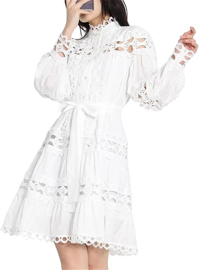 Women's Designer Lace Patchwork Out Single Breasted Maxi Long Party Lantern Sleeve Robes Dinner D... | Amazon (US)