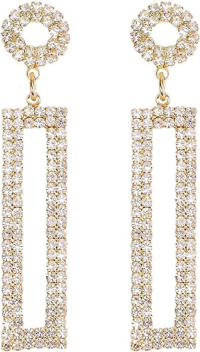 Rhinestone Long Drop Earrings Statement Rectangle Dangle with Circle Studs Fashion Jewelry | Amazon (US)