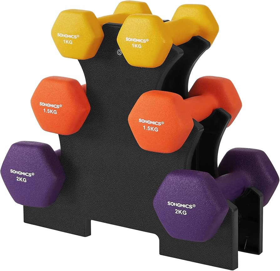 SONGMICS Hex Dumbbell Set with Dumbbell Stand 2 x 1kg, 2 x 1.5kg, 2 x 2kg Matt Finish Neoprene Co... | Amazon (UK)