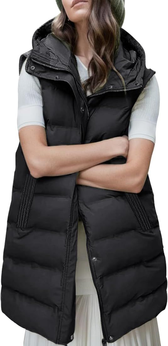 Women's Long Puffer Vest Winter Quilted Hooded Sleeveless Zip Up Long Jacket Vest Gilet | Amazon (US)