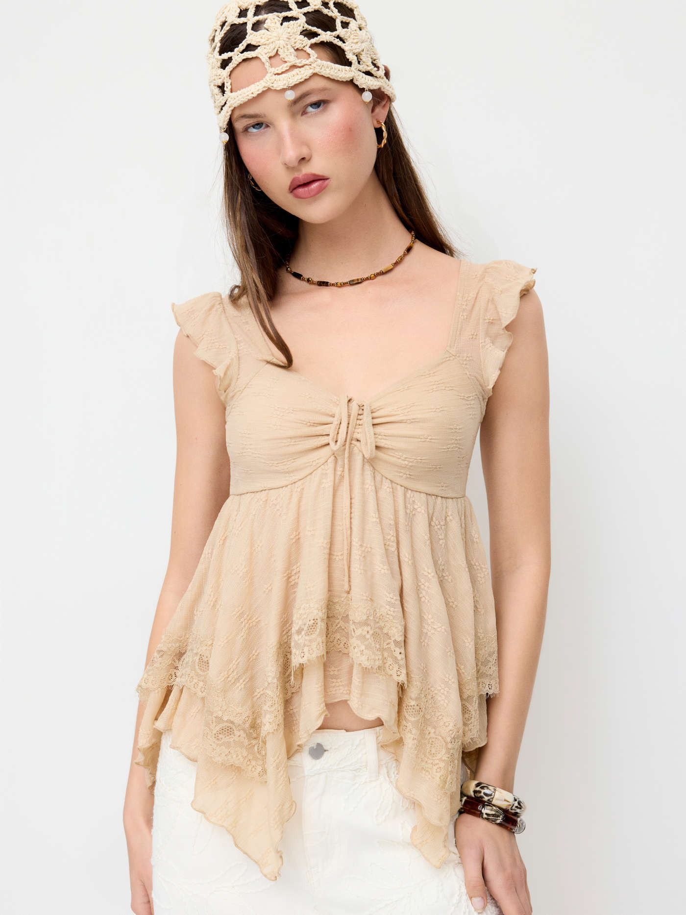 Lace Sweetheart Ruffle Hem Knotted Short Sleeve Top | Cider