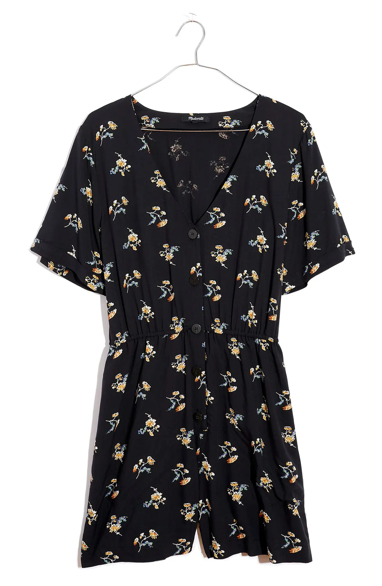 Women's Madewell Daisy Print Button Front Day Romper, Size Large - Black | Nordstrom