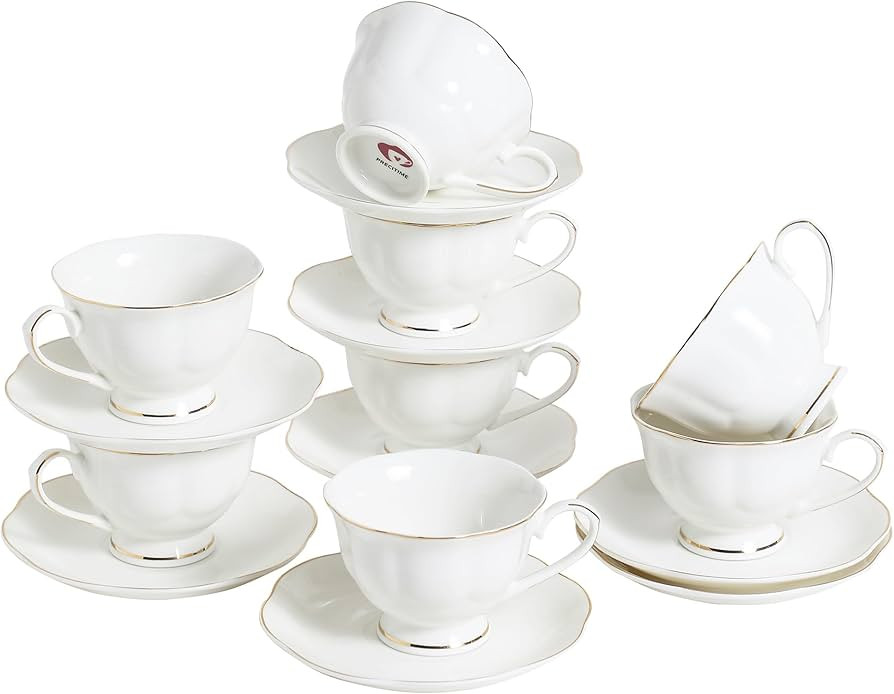 White Ceramic Tea Cup and Saucer Set of 8 (16-Piece) - 6oz Elegant Porcelain Cups with Gold Rim, ... | Amazon (US)