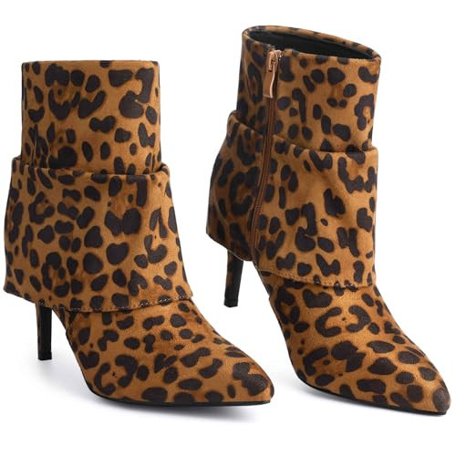 Perphy Pointed Toe Fold Over Stiletto Heel Slouch Leopard Ankle Boots for Women 9.5 M US | Amazon (US)
