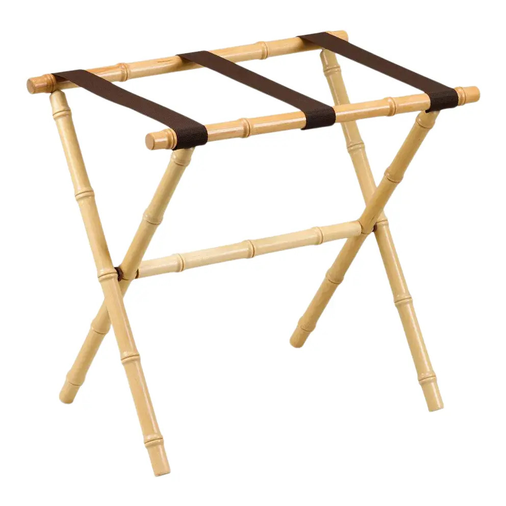Natural Wood Bamboo Inspired Luggage Rack with 3 Brown Nylon Straps | Chairish