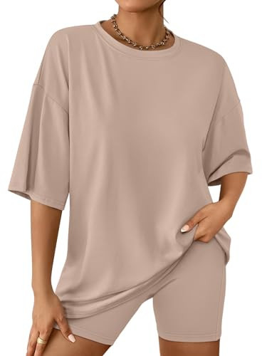 AUTOMET Womens Lounge 2 Piece Sets Summer Outfits 2025 Two Piece Set Matching Clothing Oversized Tshirts Biker Short Fashion Khaki XL | Amazon (US)