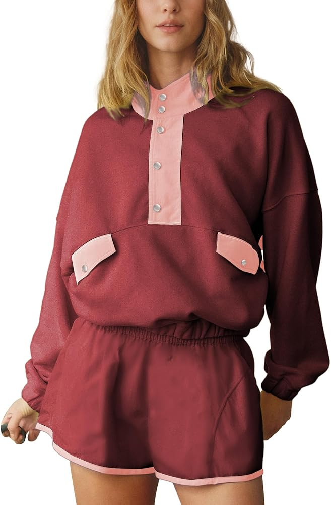 Workout Sets for Women Long Sleeve Half Button Pullover Elastic Waist Shorts Slouchy 2 Piece Set ... | Amazon (US)