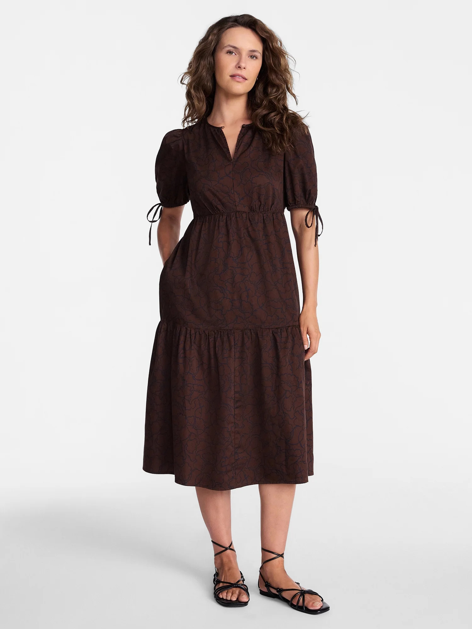 Time and Tru Women's Tiered Midi Dress with Tie Puff Sleeves, Sizes XS-XXXL | Walmart (US)
