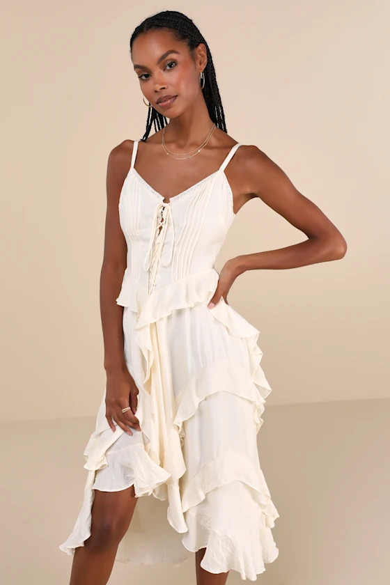 Playful Style Beige Lace-Up Ruffled High-Low Midi Dress | Lulus