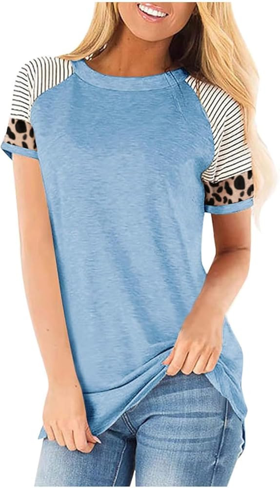 Leopard Print Tops for Women Long Sleeve Crew Neck Patchwork T Shirt Blouse | Amazon (US)