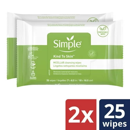 Simple Kind to Skin Facial Care Micellar Wipes 25 ct Twin Pack | Walmart (US)
