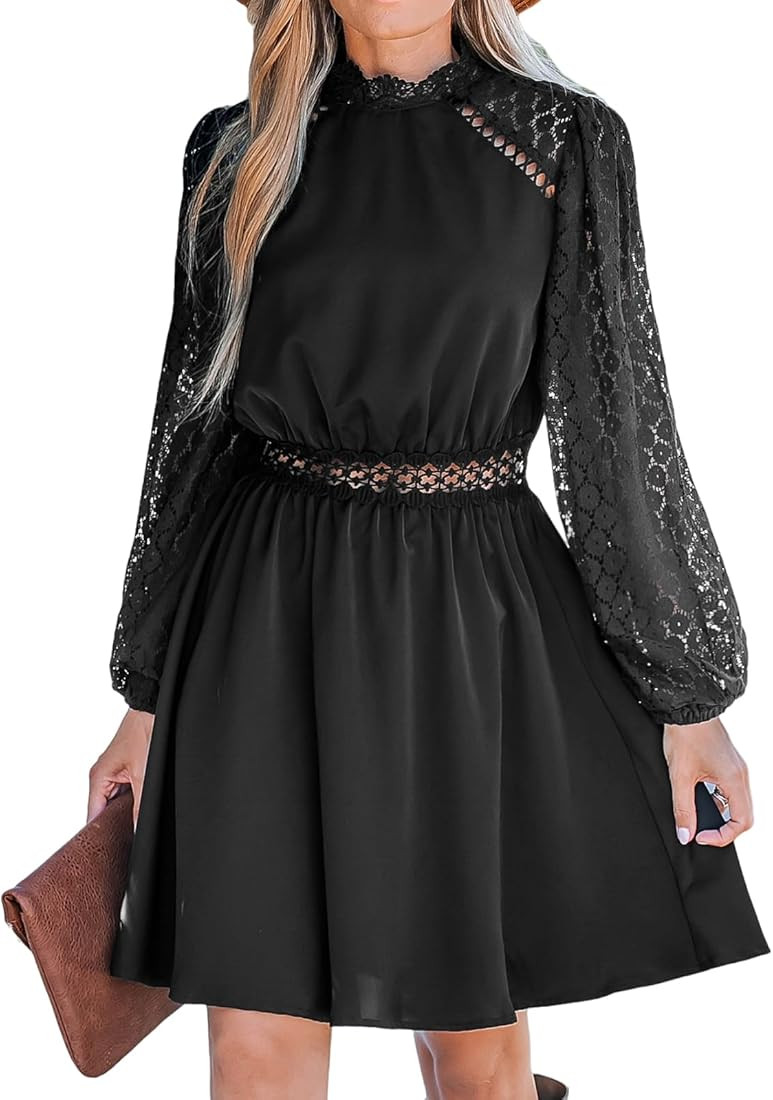 CUPSHE Women's Mock Neck Mini Dress Long Sleeves Dresses Lace Sleeves Dressing Sexy Casual | Amazon (US)