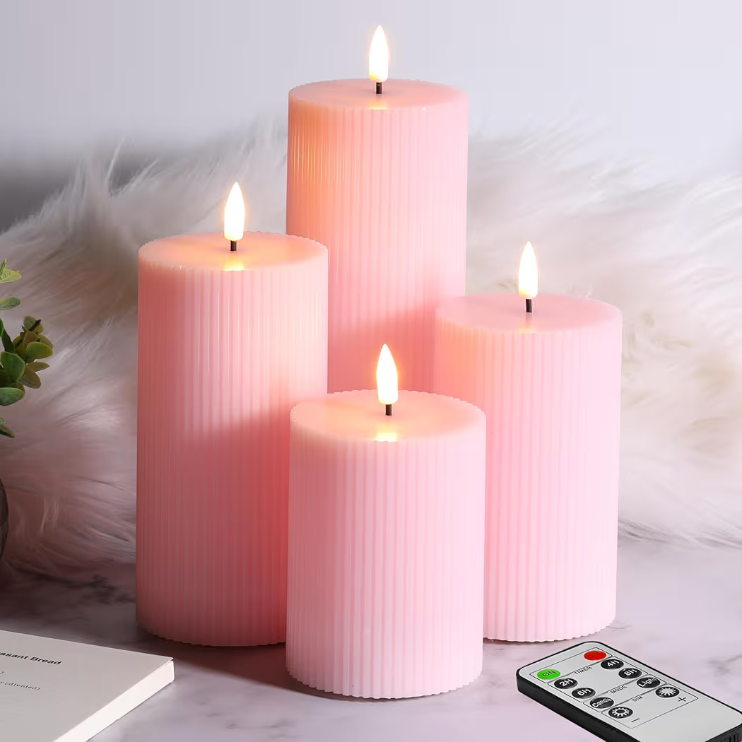 Pink Ribbed Flameless Pillar Candles with Remote, Flat Top Flickering LED Wax Battery Candles Set... | Amazon (US)
